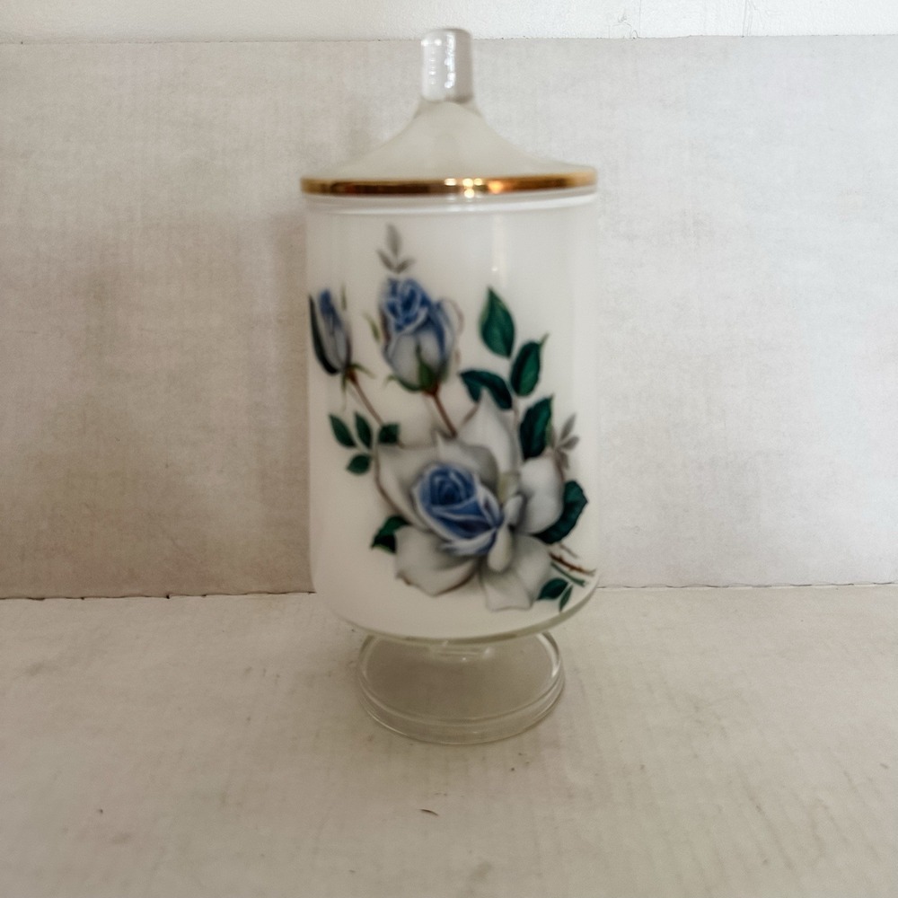 Beautiful White Glass Urn/Vase with blue florals & a gold trimmed‎ lid. 9" Tall